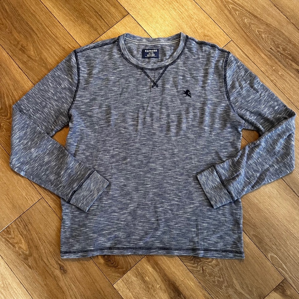 Express Mens XL Blue Waffle Knit Thermal Long Sleeve Shirt Lion Logo Space Dye
